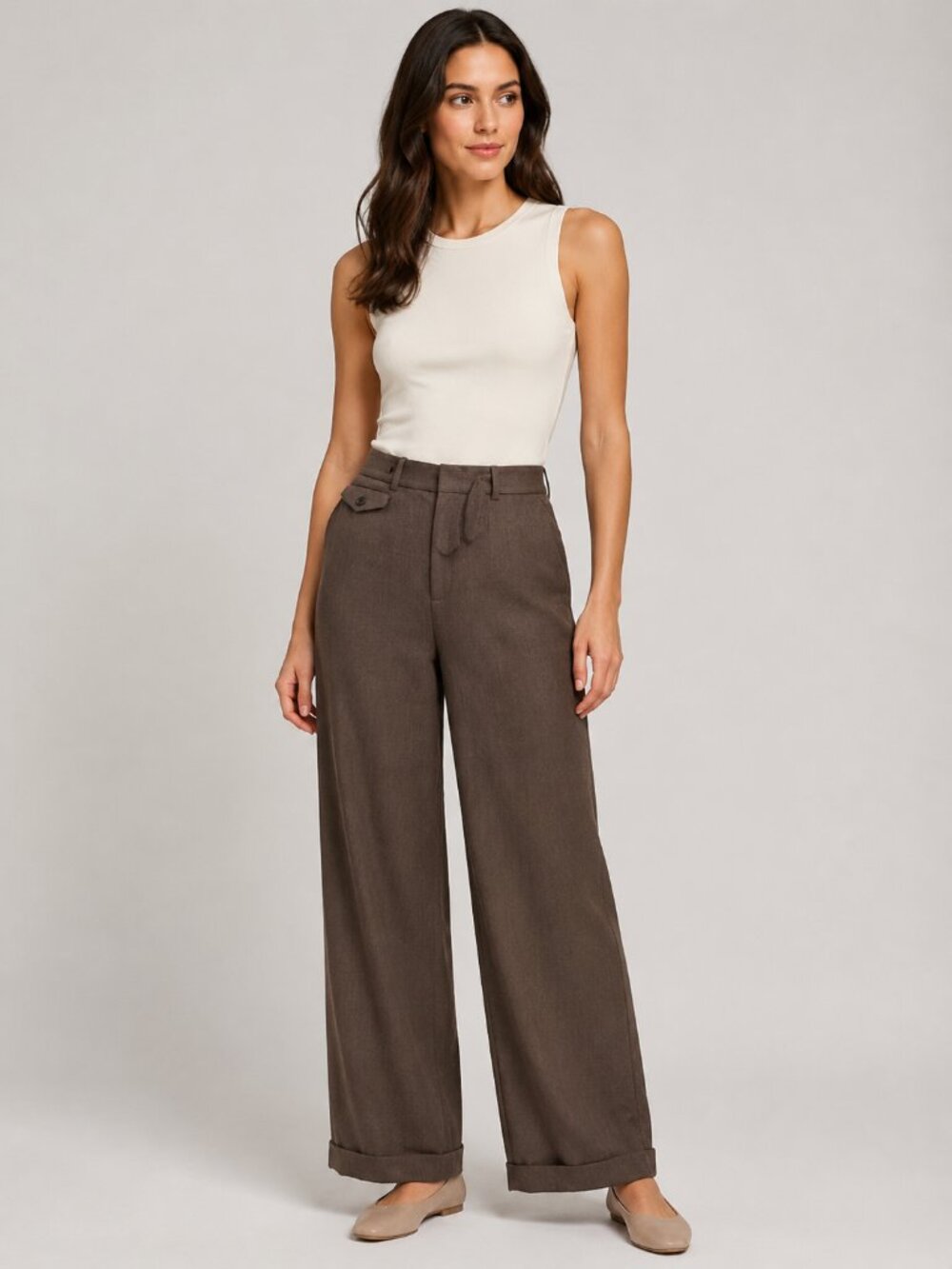 Lauren Ralph Lauren Wool Wide Leg Cuffed Trousers Women’s 14 Brown